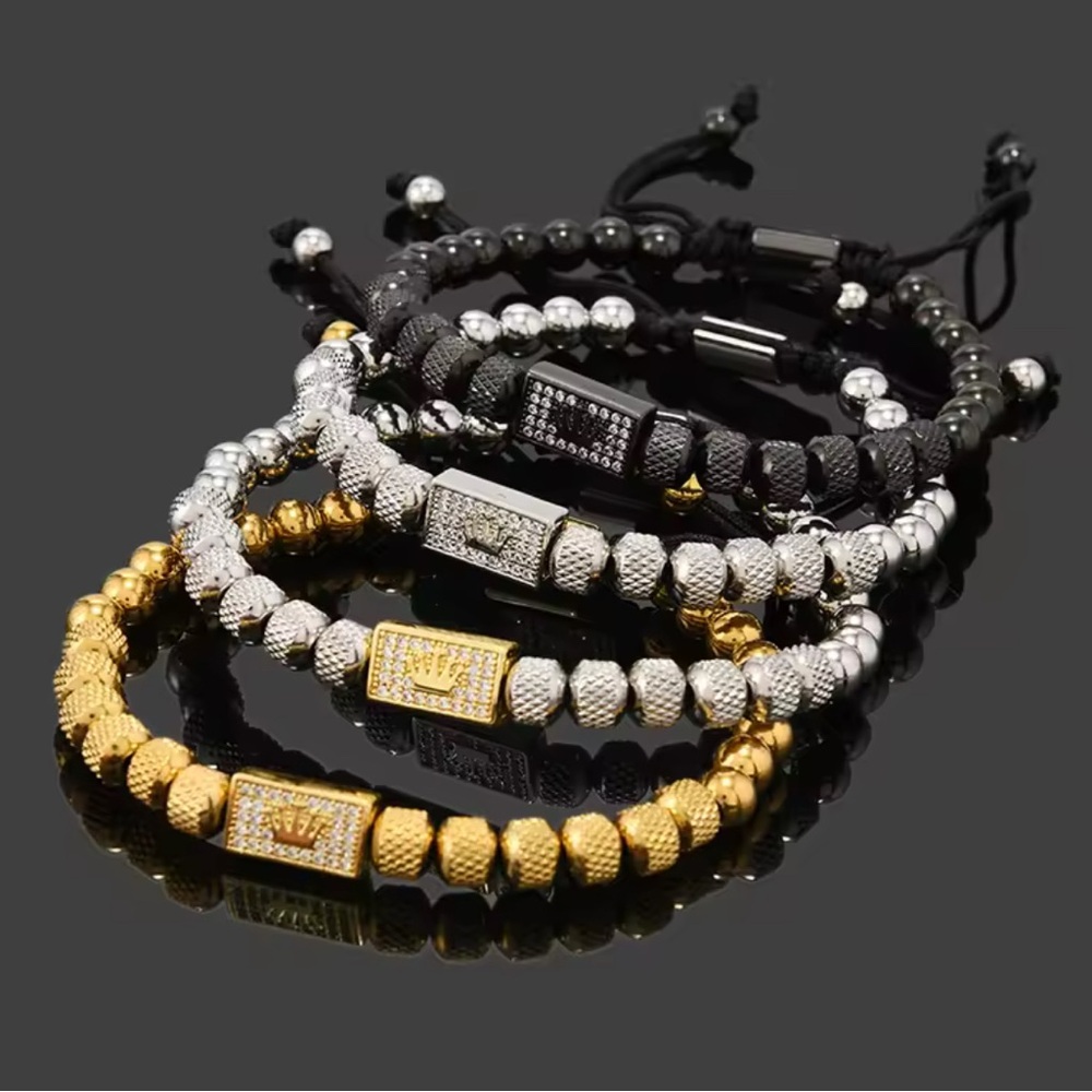 Adjustable Rolex crown style bracelets iced beaded silver and gold tone